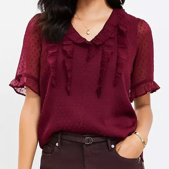 LOFT Clip Ruffle V-Neck Top - Picture 1 of 10